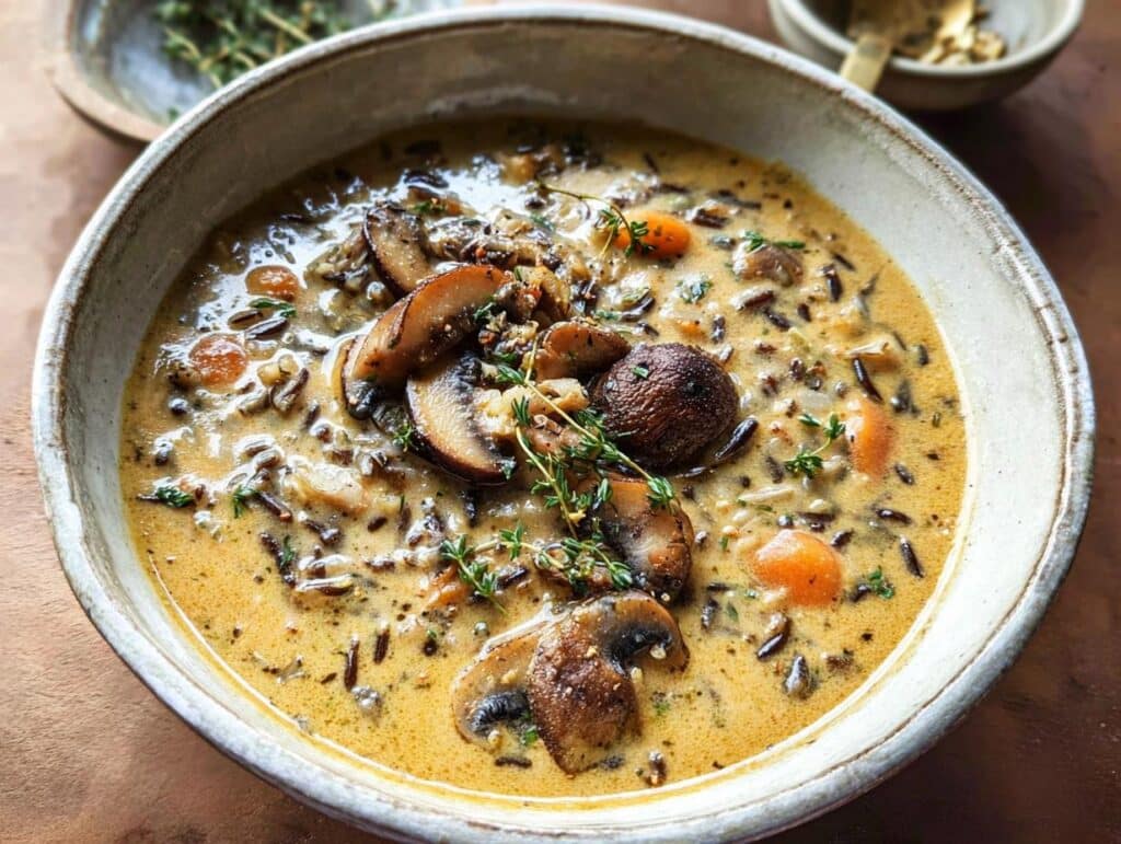 A close-up of a bowl of creamy Mushroom and Wild Rice Soup, garnished with fresh thyme.