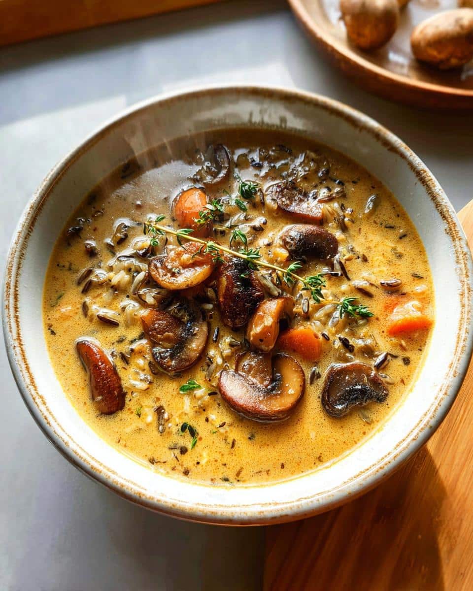 A close-up of a bowl of creamy Mushroom and Wild Rice Soup, garnished with fresh thyme.