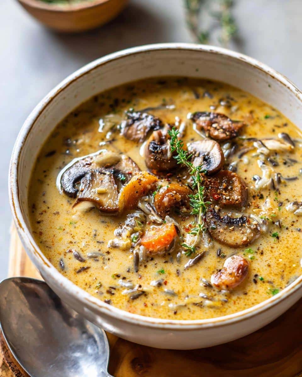 A close-up of a bowl of creamy Mushroom and Wild Rice Soup, topped with sliced mushrooms and fresh thyme.