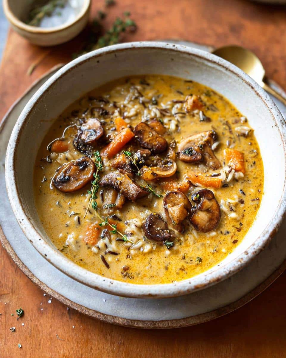 A close-up of a creamy bowl of Mushroom and Wild Rice Soup, featuring sliced mushrooms, carrots, and wild rice.