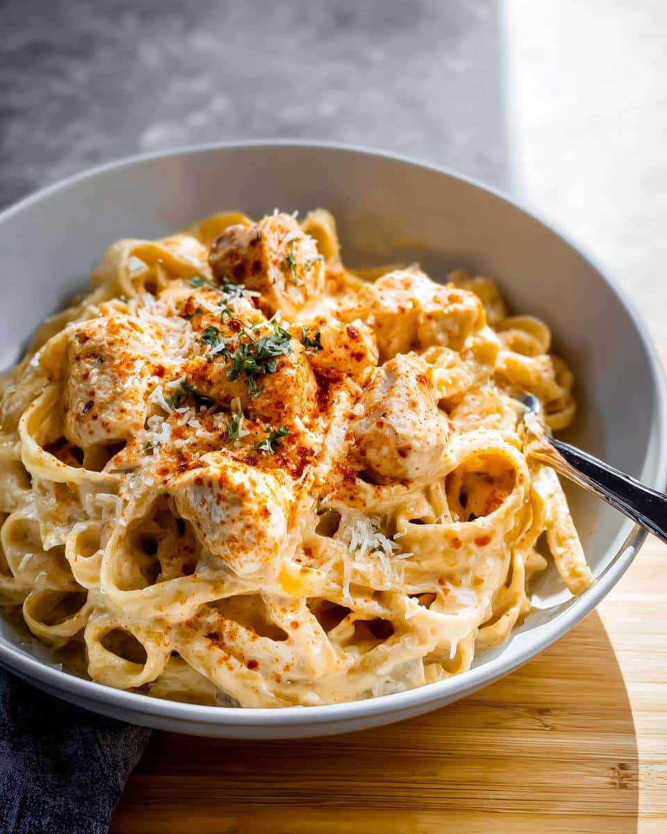A close-up of a bowl of One Pot Cajun Chicken Alfredo Pasta, featuring fettuccine noodles coated in creamy Alfredo sauce with chunks of seasoned chicken.