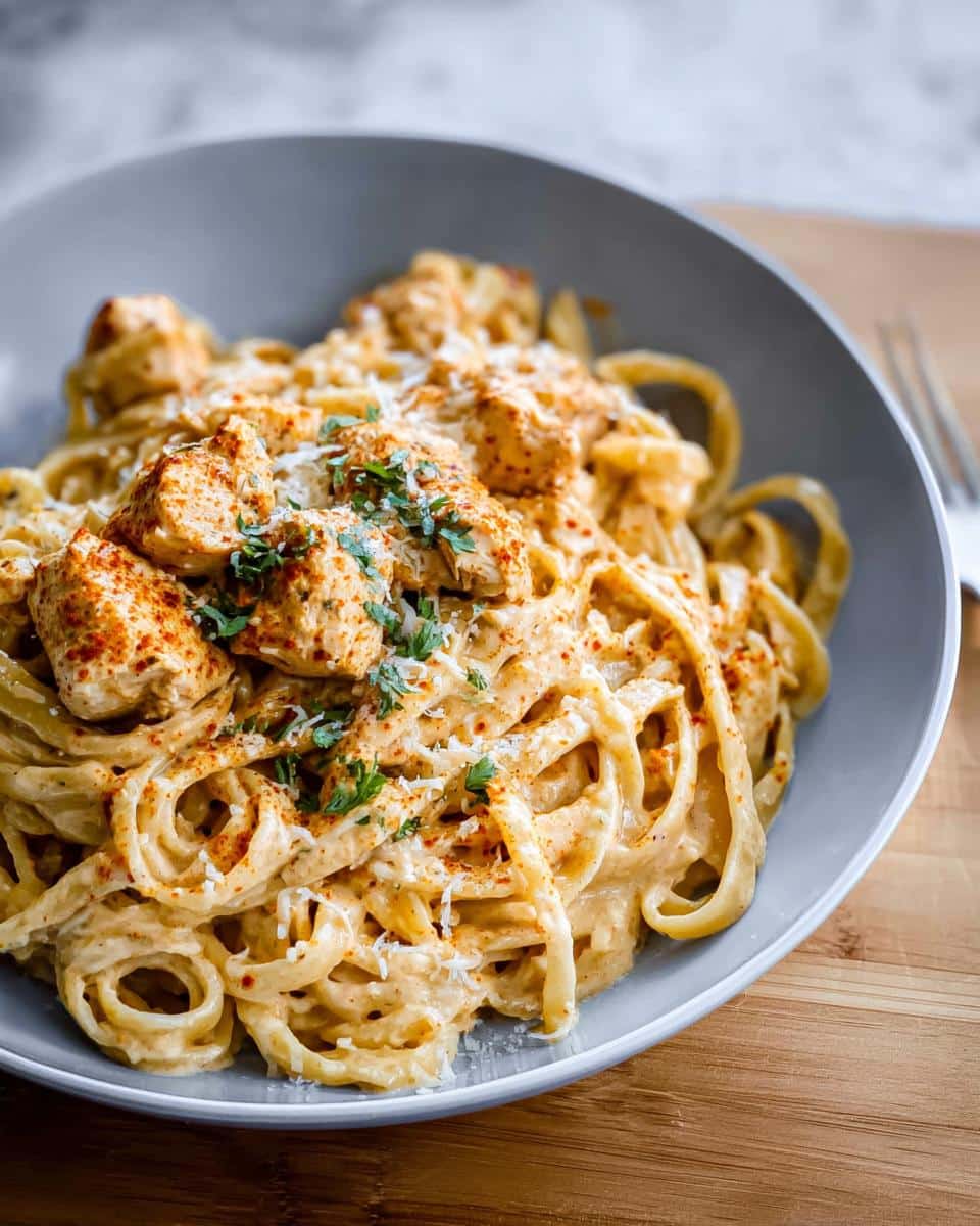 A close-up of a bowl of One Pot Cajun Chicken Alfredo Pasta, featuring creamy sauce, tender chicken pieces, and a sprinkle of parsley and paprika.