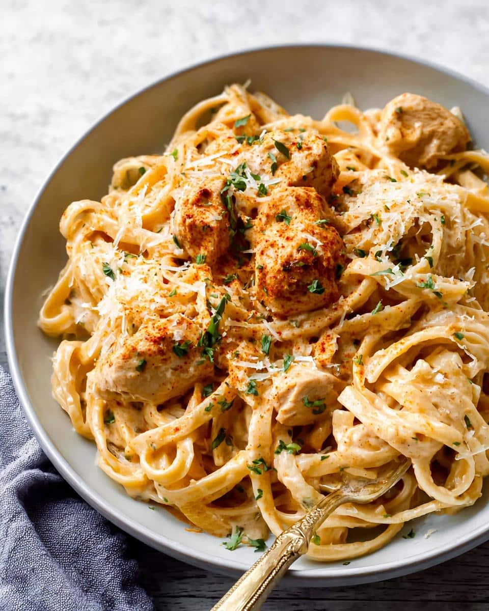 A close-up of a bowl of One Pot Cajun Chicken Alfredo Pasta, featuring fettuccine noodles coated in creamy Alfredo sauce with seasoned chicken pieces and a sprinkle of Parmesan cheese and parsley.
