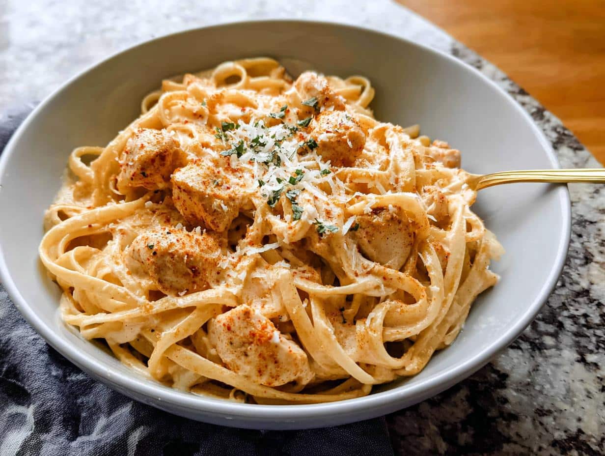 A bowl of creamy One Pot Cajun Chicken Alfredo Pasta topped with shredded parmesan and herbs.