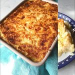 Golden brown Parmesan-Crusted Mashed Potato Casserole in a baking dish and a serving on a plate.