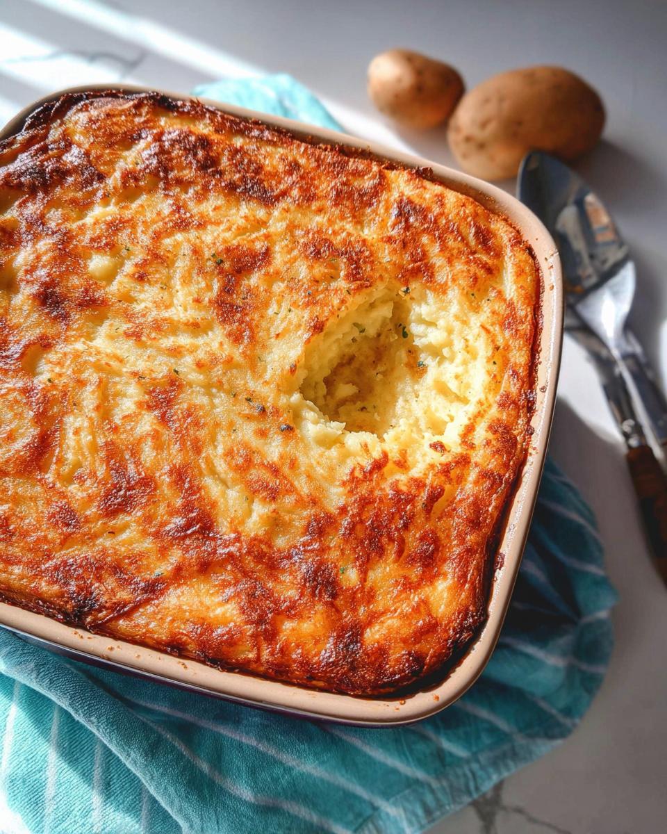 A golden-brown Parmesan-Crusted Mashed Potato Casserole baked in a ceramic dish, with a scoop removed.