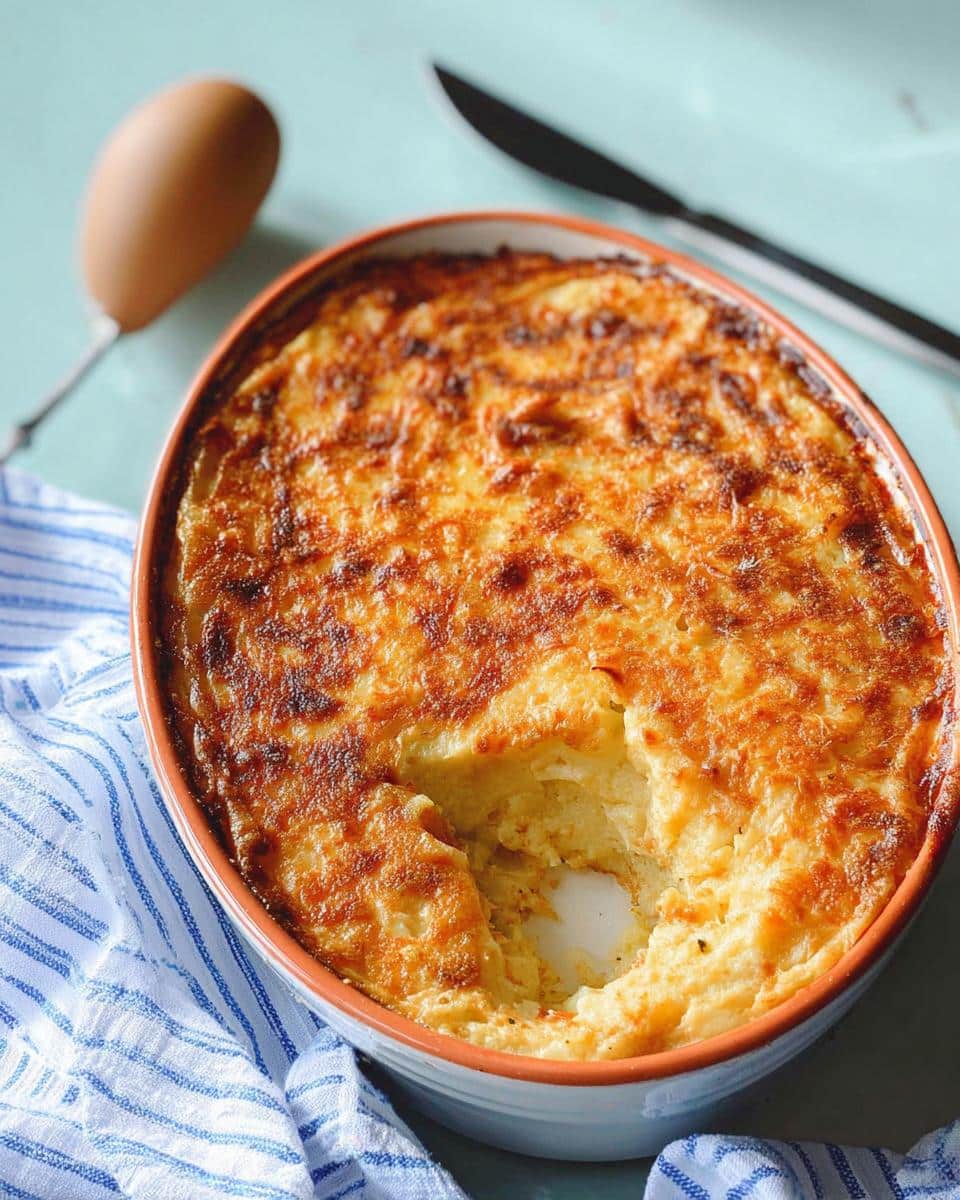 A golden-brown Parmesan-Crusted Mashed Potato Casserole in a baking dish, with a scoop removed.