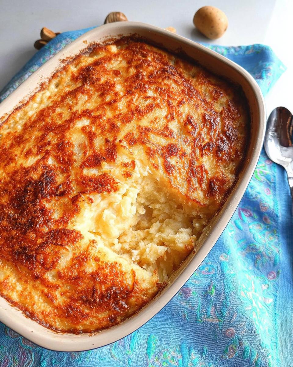 A golden-brown Parmesan-Crusted Mashed Potato Casserole in a baking dish, with a scoop removed.