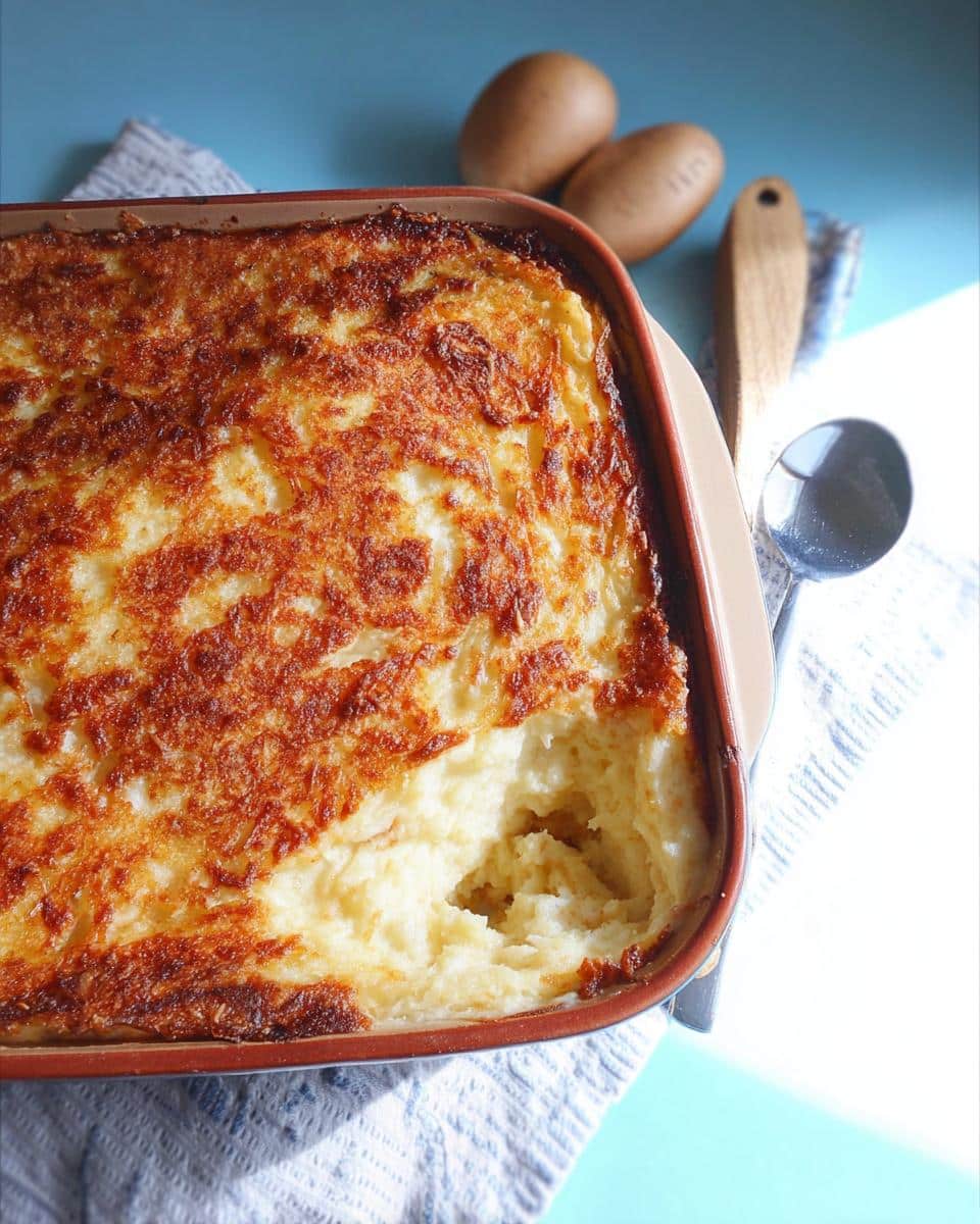 A golden-brown Parmesan-Crusted Mashed Potato Casserole in a baking dish, with a scoop taken out.