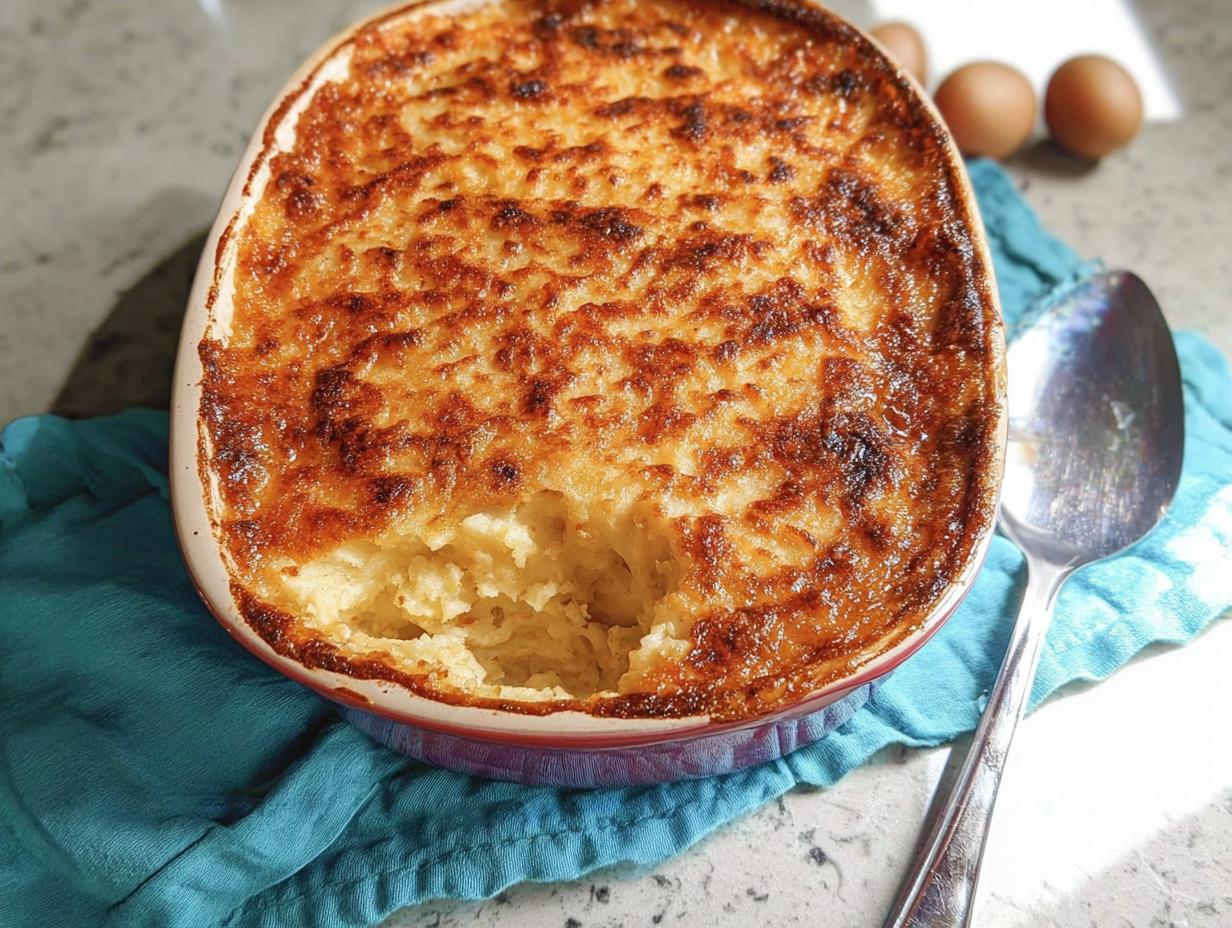 A golden-brown Parmesan-Crusted Mashed Potato Casserole baked in a dish, with a scoop removed.