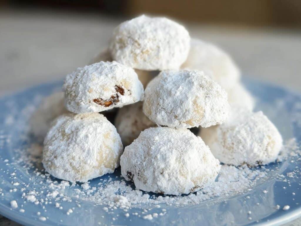 A pile of Pecan Snowball Cookies generously dusted with powdered sugar on a blue plate.