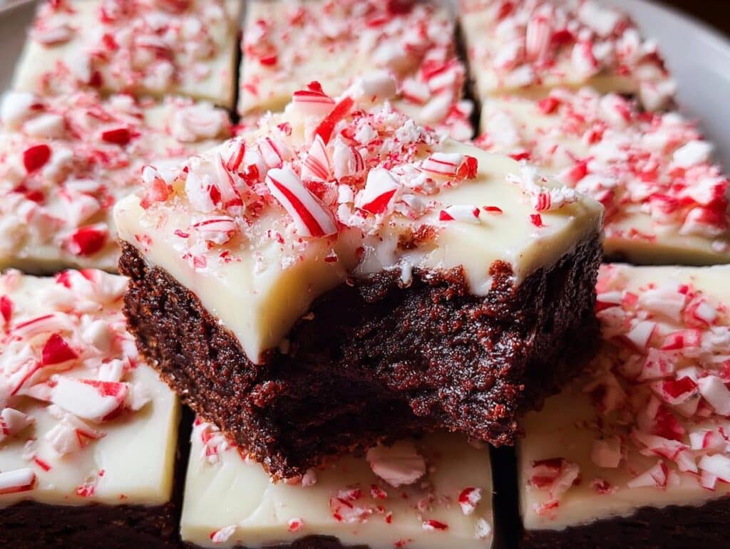 A close-up of a Peppermint Bark Brownie Bite, showcasing rich chocolate brownie topped with white chocolate and crushed candy canes.