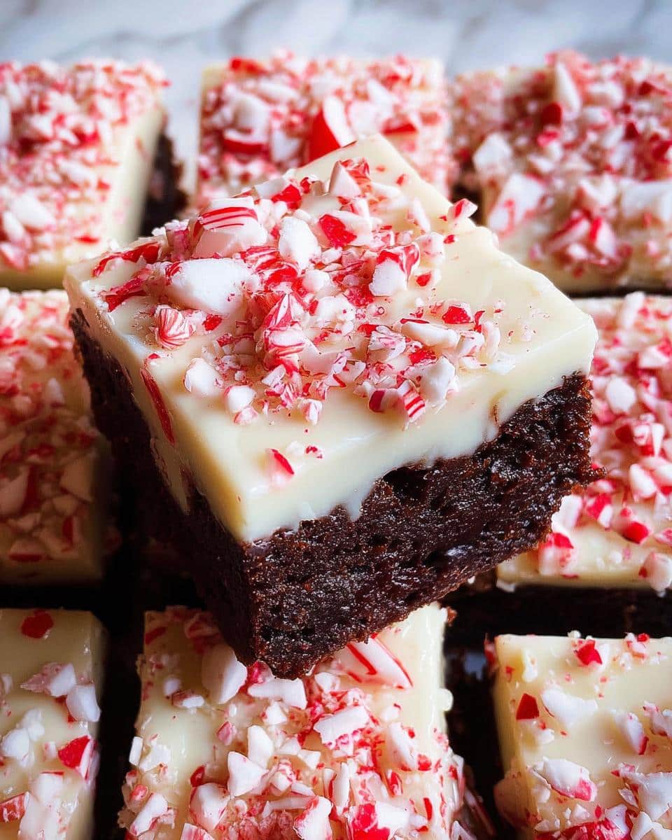 A close-up of a Peppermint Bark Brownie Bite, showcasing rich chocolate brownie topped with white chocolate and crushed candy canes.