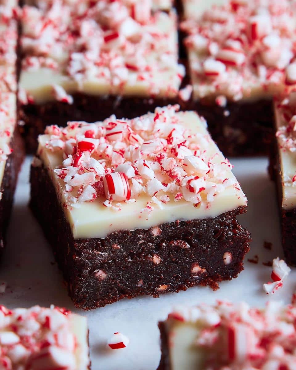 Close-up of a rich chocolate Peppermint Bark Brownie Bite topped with white chocolate and crushed candy canes.