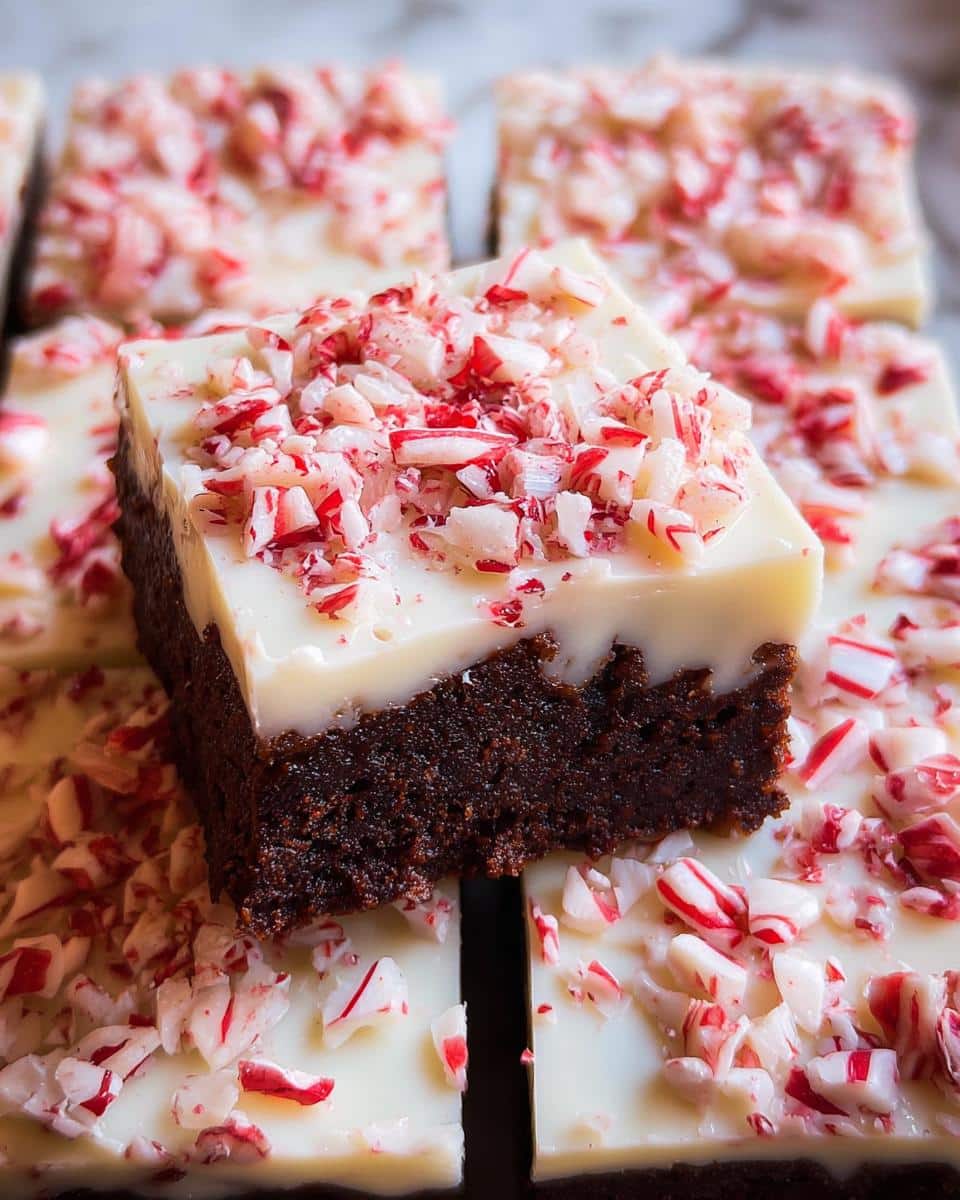 Close-up of a decadent Peppermint Bark Brownie Bite, showcasing a rich chocolate brownie topped with white chocolate and crushed candy canes.