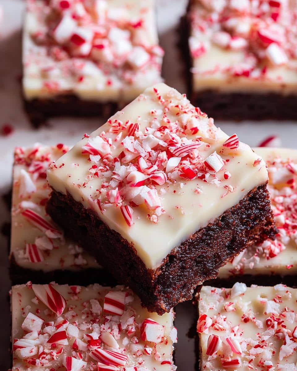 Close-up of delicious Peppermint Bark Brownie Bites topped with white chocolate and crushed candy canes.