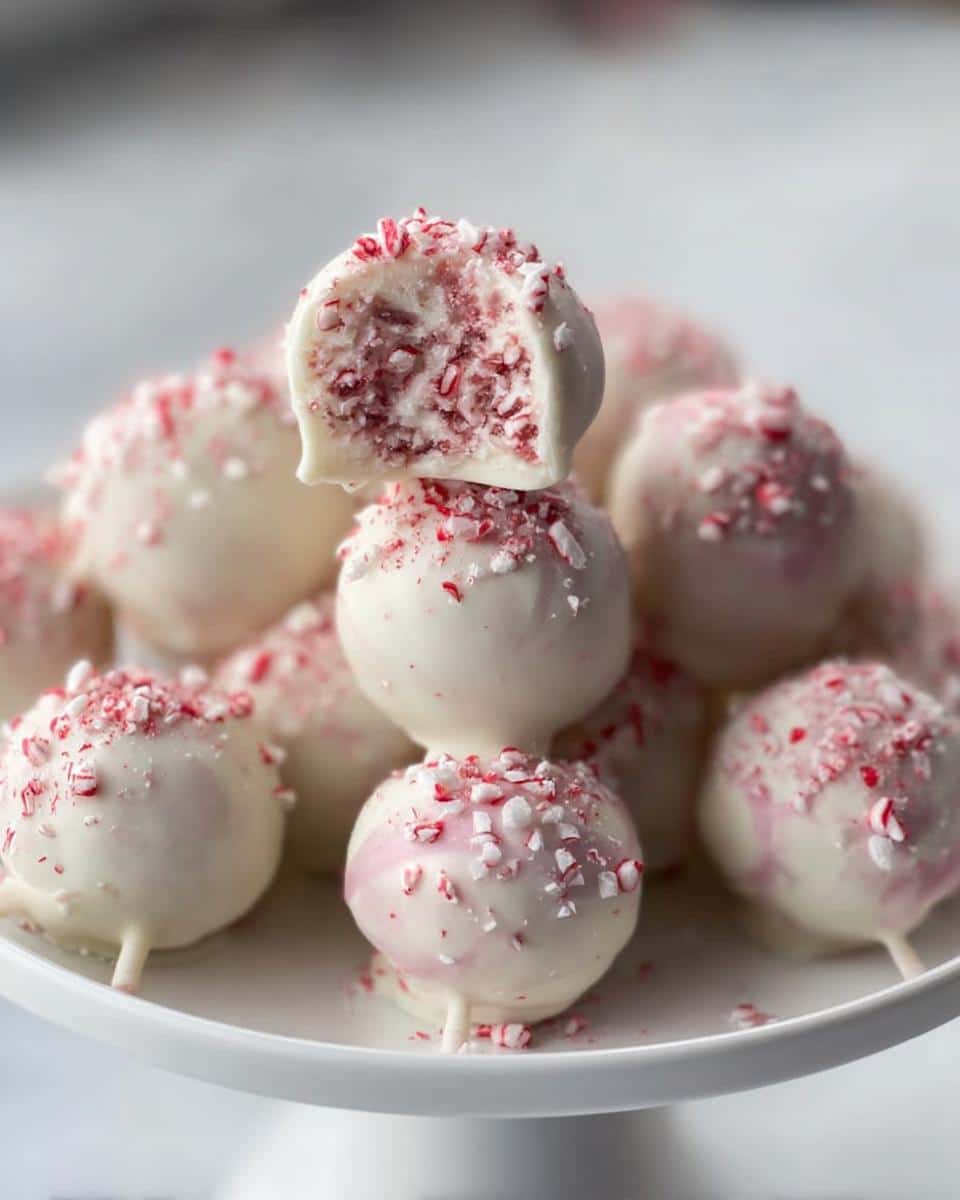 A close-up of a stack of white chocolate covered Peppermint Bark Cake Pops, one of which is cut in half revealing the cake and crushed candy cane interior.