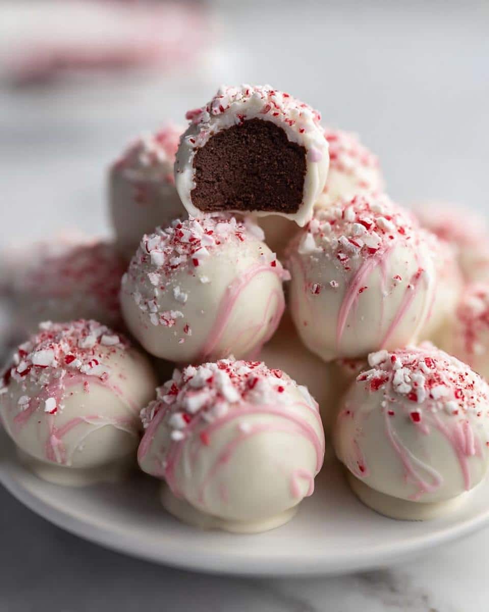 A close-up of Peppermint Bark Cake Pops, one with a bite taken out revealing the chocolate cake inside, drizzled with pink icing and crushed candy canes.