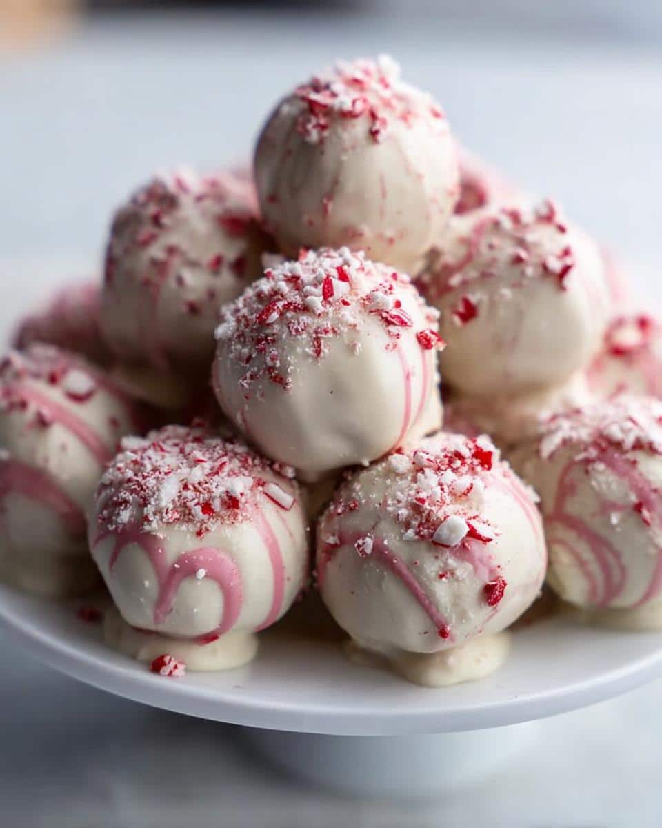 A close-up of a stack of white chocolate-dipped Peppermint Bark Cake Pops, drizzled with pink icing and crushed candy canes.