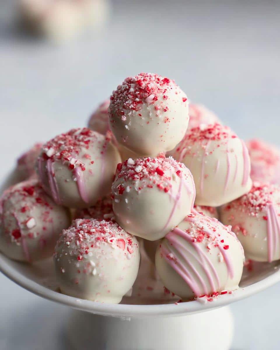 A close-up of a pile of white chocolate dipped Peppermint Bark Cake Pops, sprinkled with crushed candy canes and drizzled with pink icing.