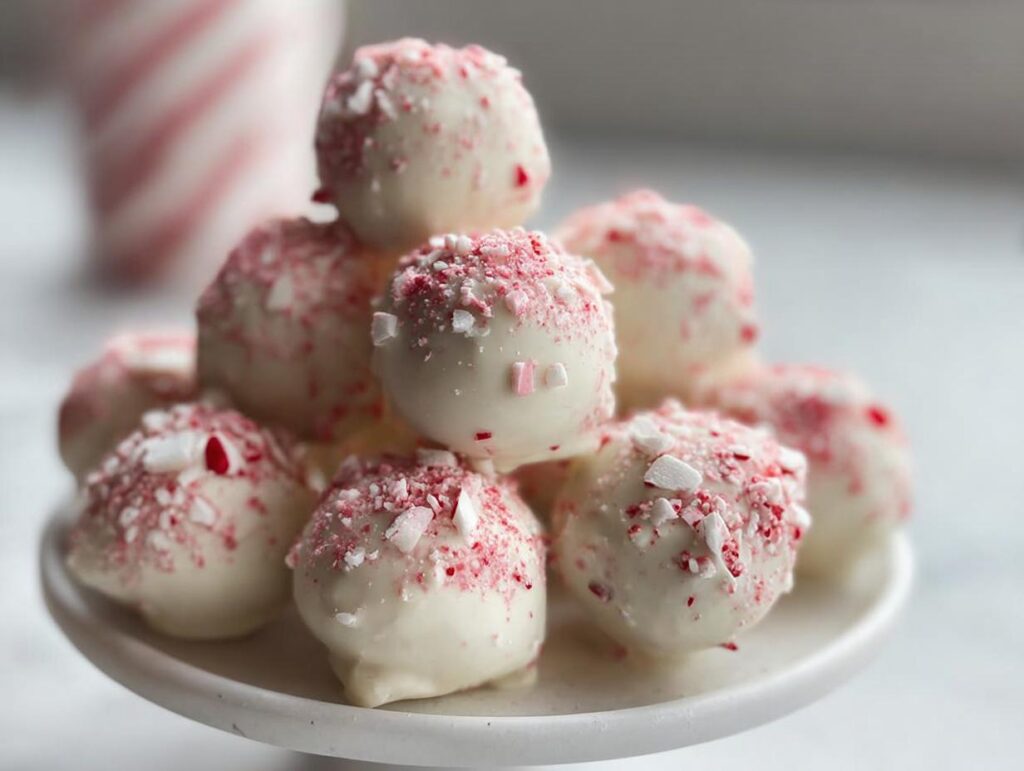 A festive stack of white chocolate coated Peppermint Bark Cake Pops, sprinkled with crushed candy canes.