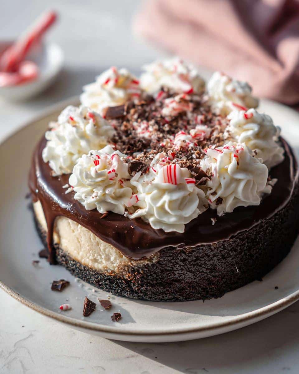 A close-up of a Peppermint Bark Cheesecake topped with whipped cream, chocolate shavings, and crushed candy canes.