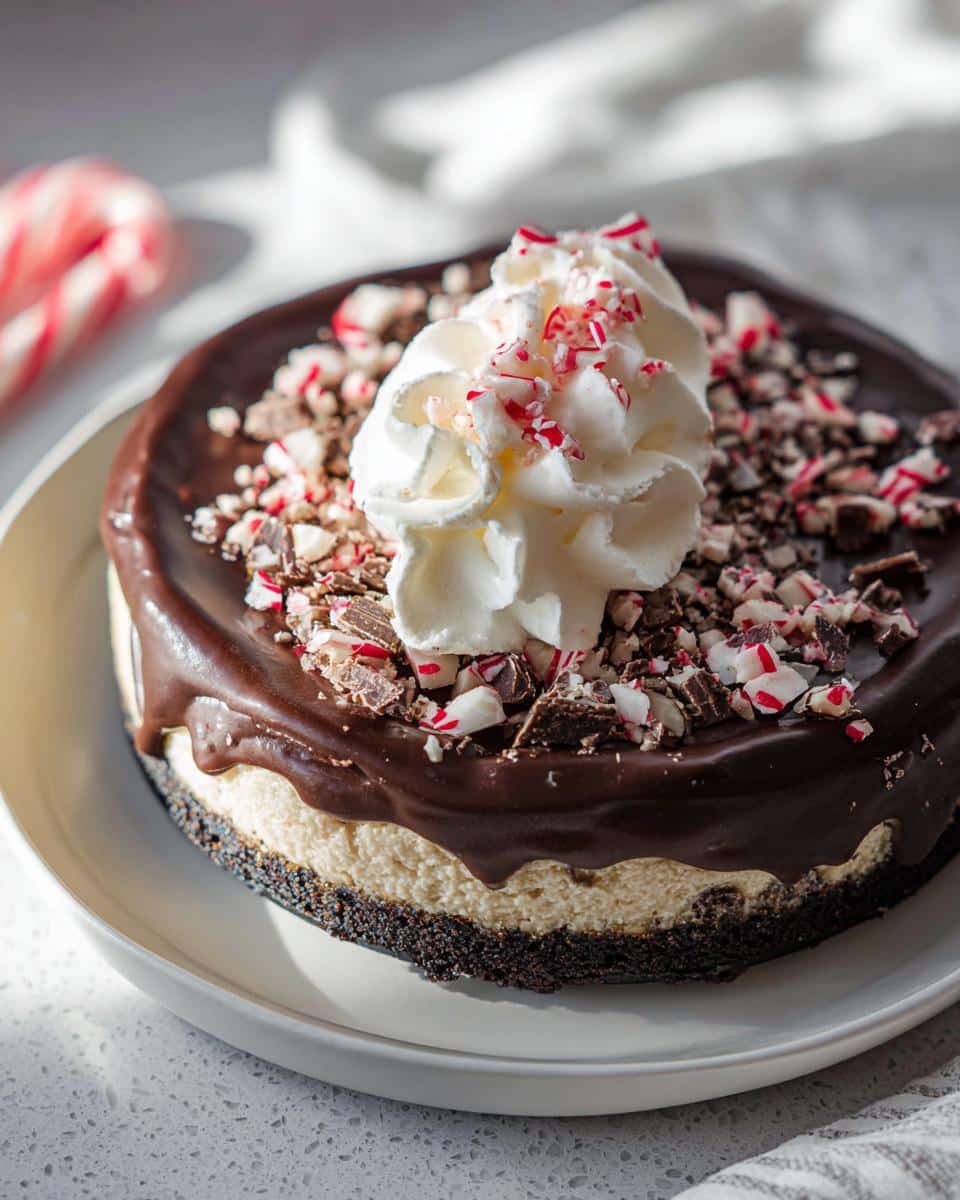 A festive Peppermint Bark Cheesecake topped with chocolate ganache, whipped cream, and crushed candy canes.