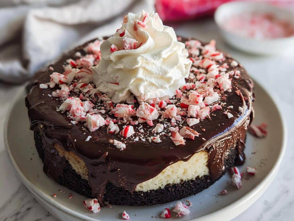 A rich Peppermint Bark Cheesecake topped with chocolate ganache, whipped cream, and crushed candy canes.