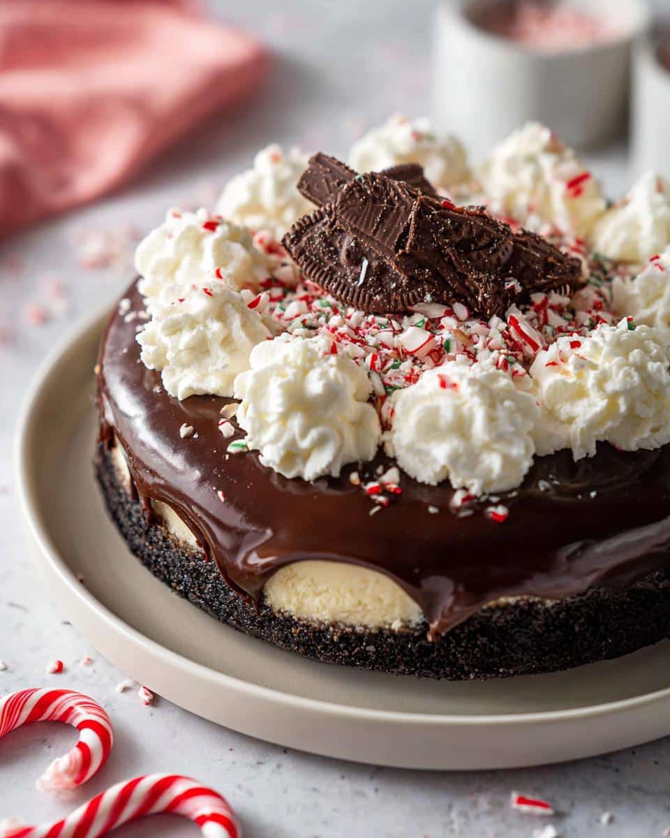A festive Peppermint Bark Cheesecake topped with whipped cream, crushed candy canes, and chocolate pieces.