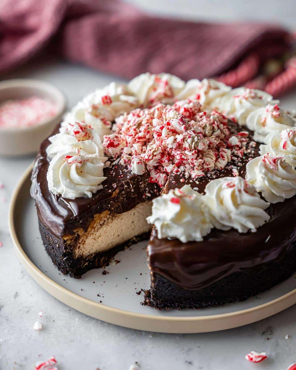 A slice of Peppermint Bark Cheesecake topped with chocolate ganache, whipped cream, and crushed candy canes.