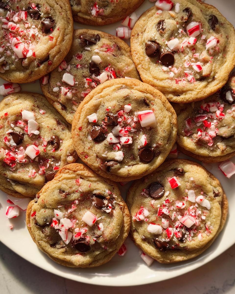 A close-up overhead view of several freshly baked Peppermint Chocolate Chip Cookies, topped with crushed candy canes and chocolate chips.