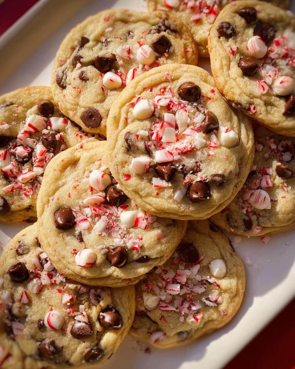 A close-up overhead view of a pile of freshly baked Peppermint Chocolate Chip Cookies, generously topped with chocolate chips and crushed candy canes.