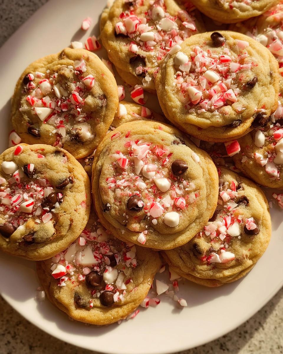 A pile of freshly baked Peppermint Chocolate Chip Cookies topped with crushed candy canes and chocolate chips.