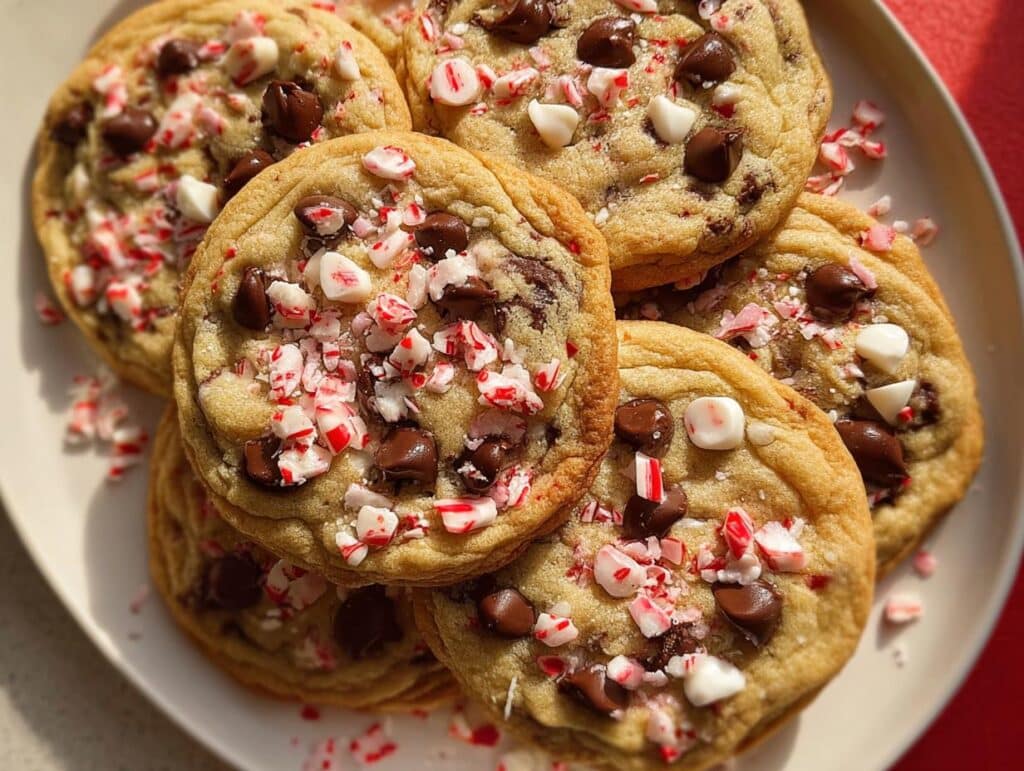 A close-up of a stack of freshly baked Peppermint Chocolate Chip Cookies, topped with chocolate chips and crushed candy canes.