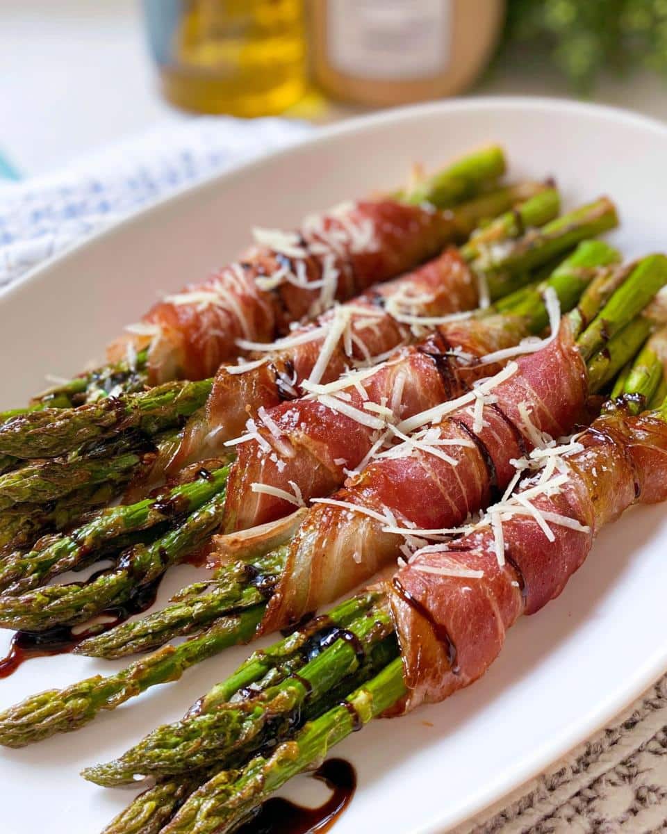Close-up of Prosciutto-Wrapped Asparagus Bundles drizzled with balsamic glaze and topped with shredded cheese.