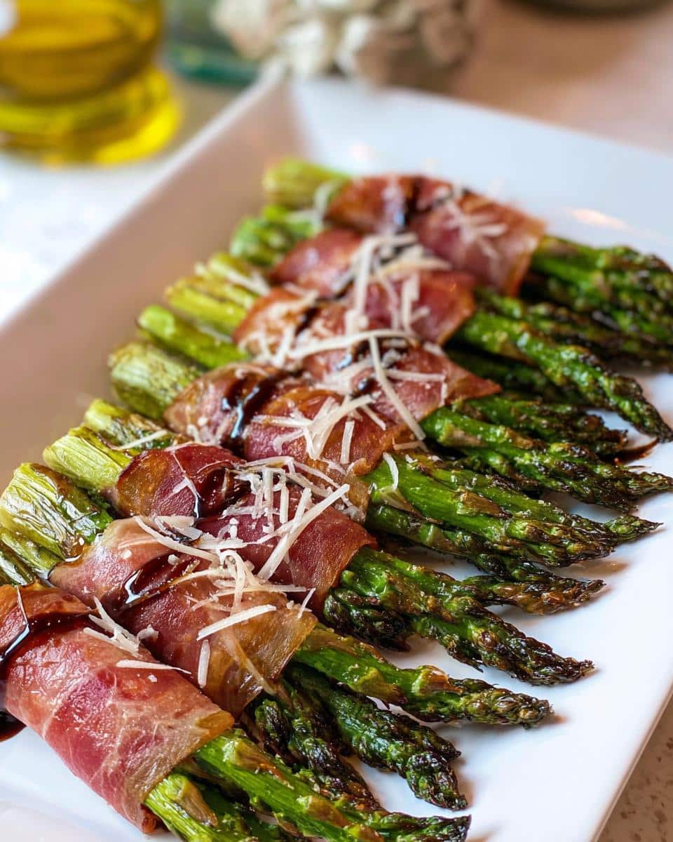 Close-up of Prosciutto-Wrapped Asparagus Bundles drizzled with balsamic glaze and topped with shredded Parmesan cheese.