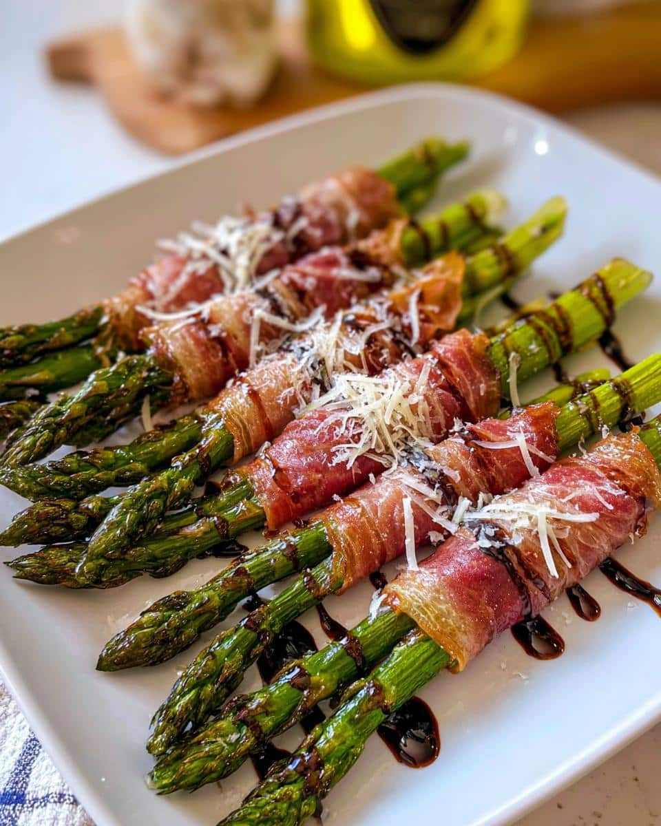 Close-up of Prosciutto-Wrapped Asparagus Bundles drizzled with balsamic glaze and topped with grated Parmesan cheese.