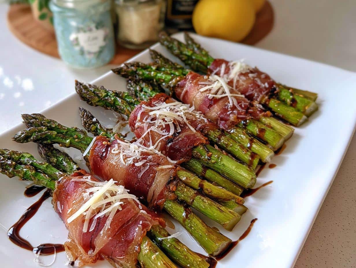 A white platter filled with Prosciutto-Wrapped Asparagus Bundles, drizzled with balsamic glaze and topped with shredded cheese.