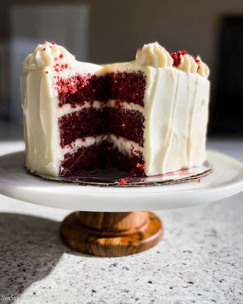 A slice of Red Velvet Layer Cake with Cream Cheese Frosting, showing three moist red cake layers and white frosting.