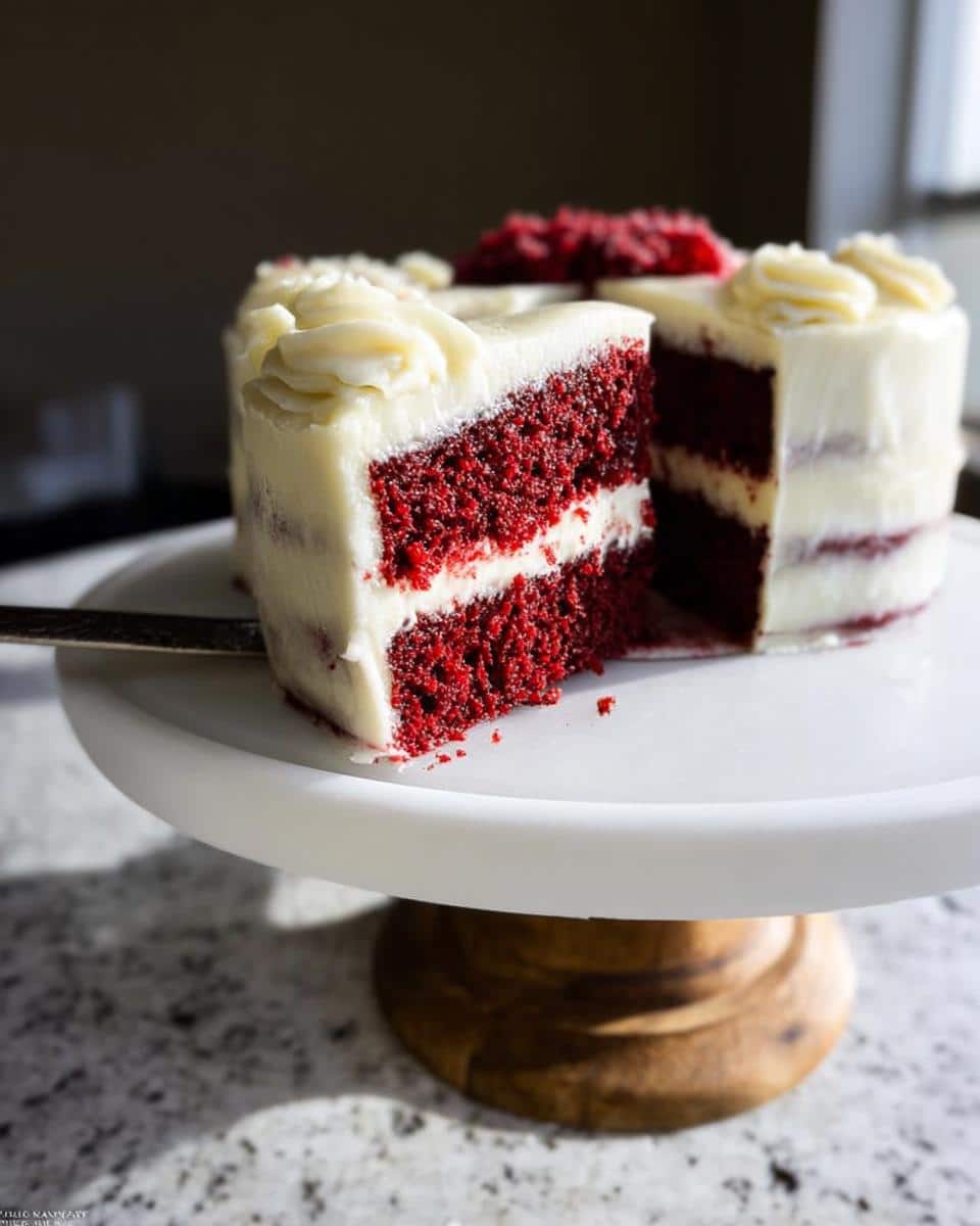 A slice of moist Red Velvet Layer Cake with Cream Cheese Frosting, showing three distinct red cake layers and two white frosting layers.