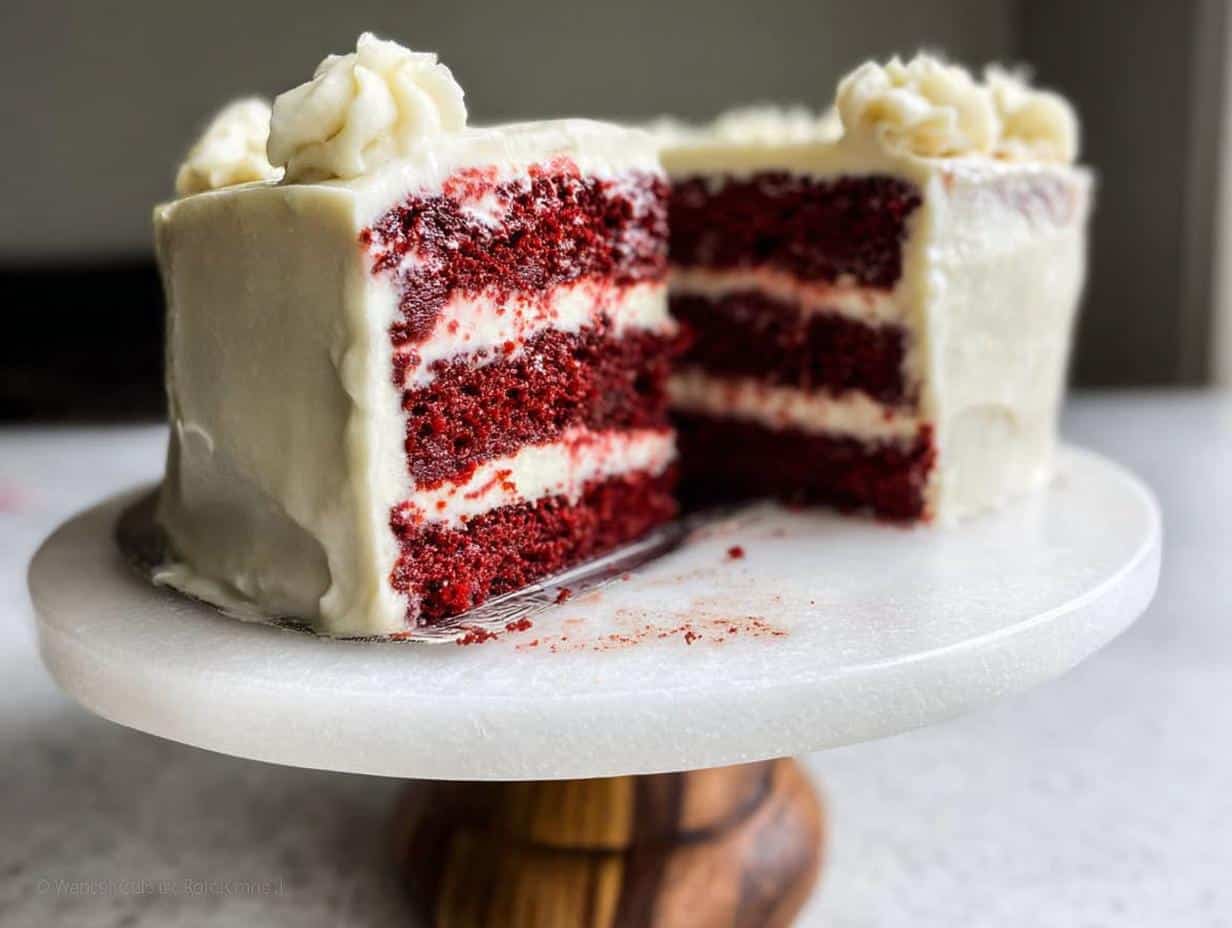 A slice of Red Velvet Layer Cake with Cream Cheese Frosting, showing three vibrant red cake layers and white frosting.