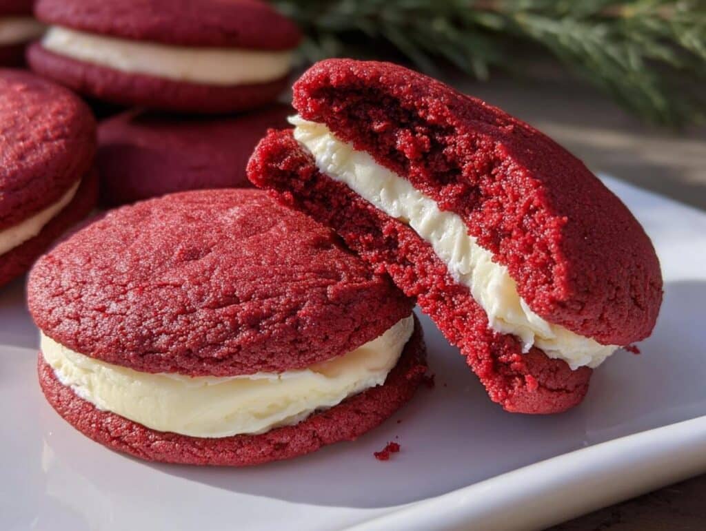 Close-up of two Red Velvet Sandwich Cookies filled with creamy white frosting.