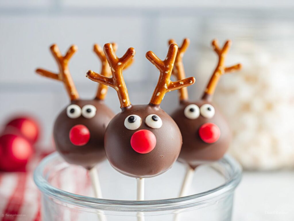 Close-up of three chocolate Reindeer Cake Pops with pretzel antlers and candy eyes, ready for holiday celebrations.