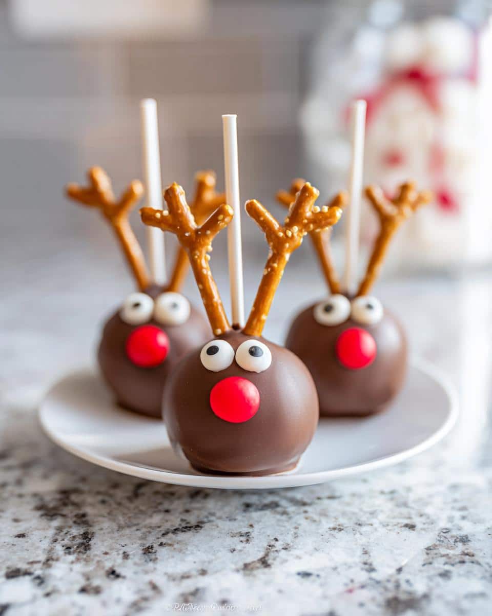Close-up of three chocolate-covered Reindeer Cake Pops with pretzel antlers and red noses on a white plate.