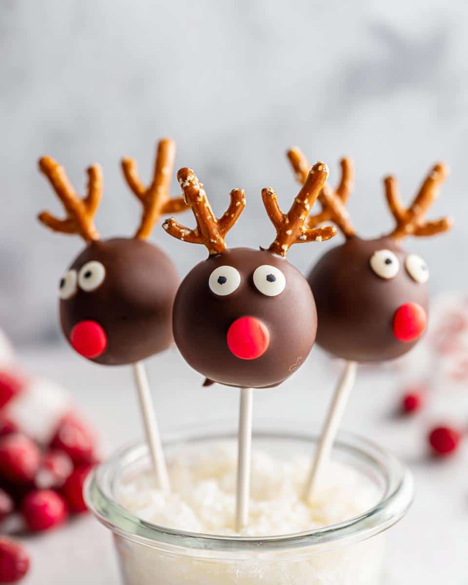 Three festive reindeer cake pops with chocolate coating, candy eyes, pretzel antlers, and red candy noses.
