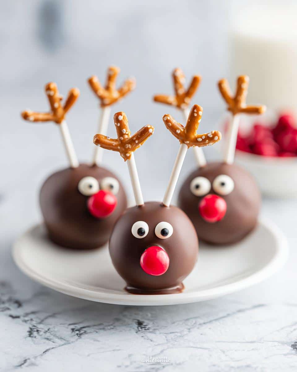 A close-up of festive Reindeer Cake Pops decorated with chocolate, candy eyes, and pretzel antlers.