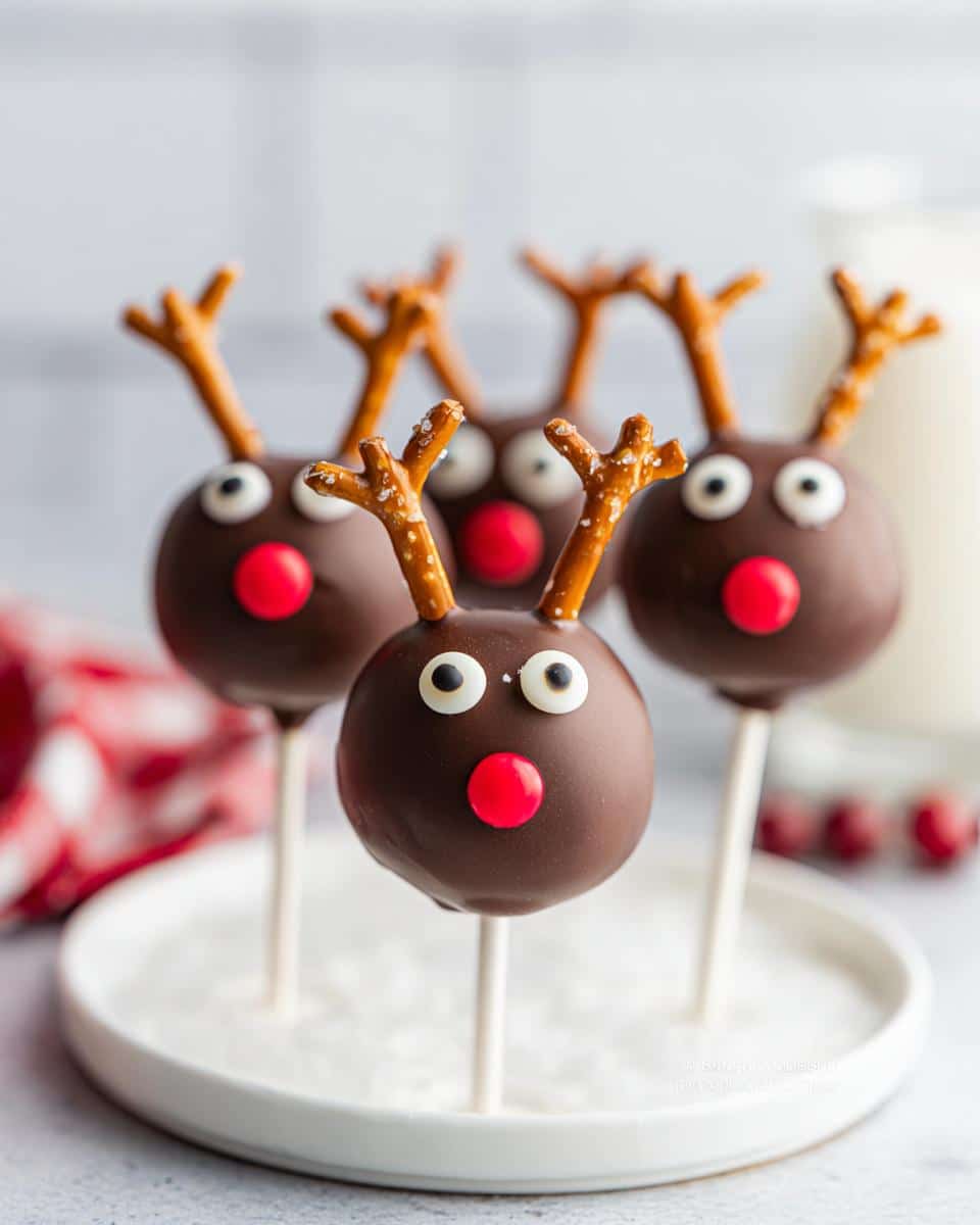 Close-up of festive Reindeer Cake Pops with pretzel antlers, candy eyes, and red candy noses on a white plate.