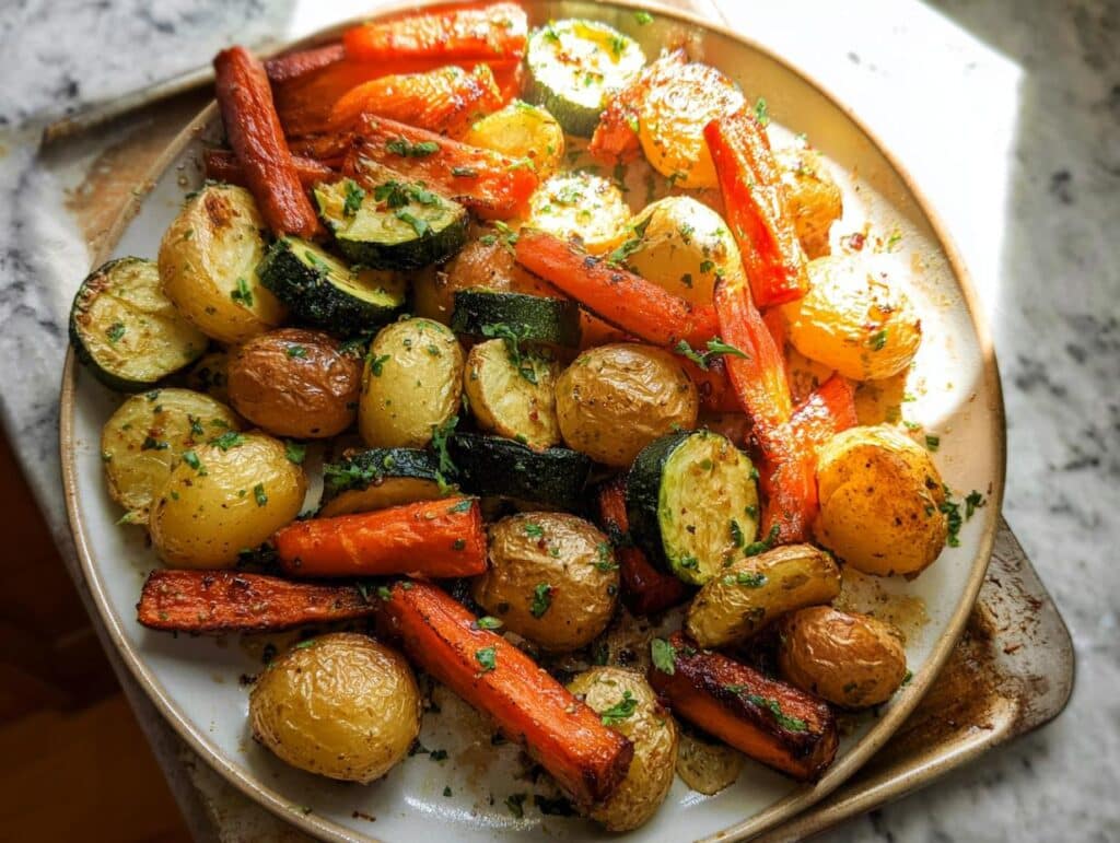 A close-up of a platter filled with golden roasted potatoes, vibrant carrots, and tender zucchini slices, sprinkled with fresh parsley.