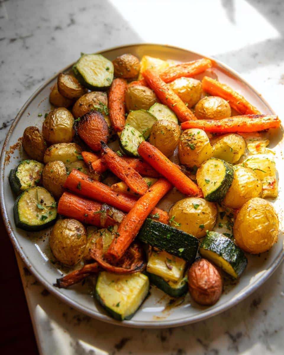A close-up of a platter of roasted potatoes, carrots, and zucchini, seasoned with herbs.