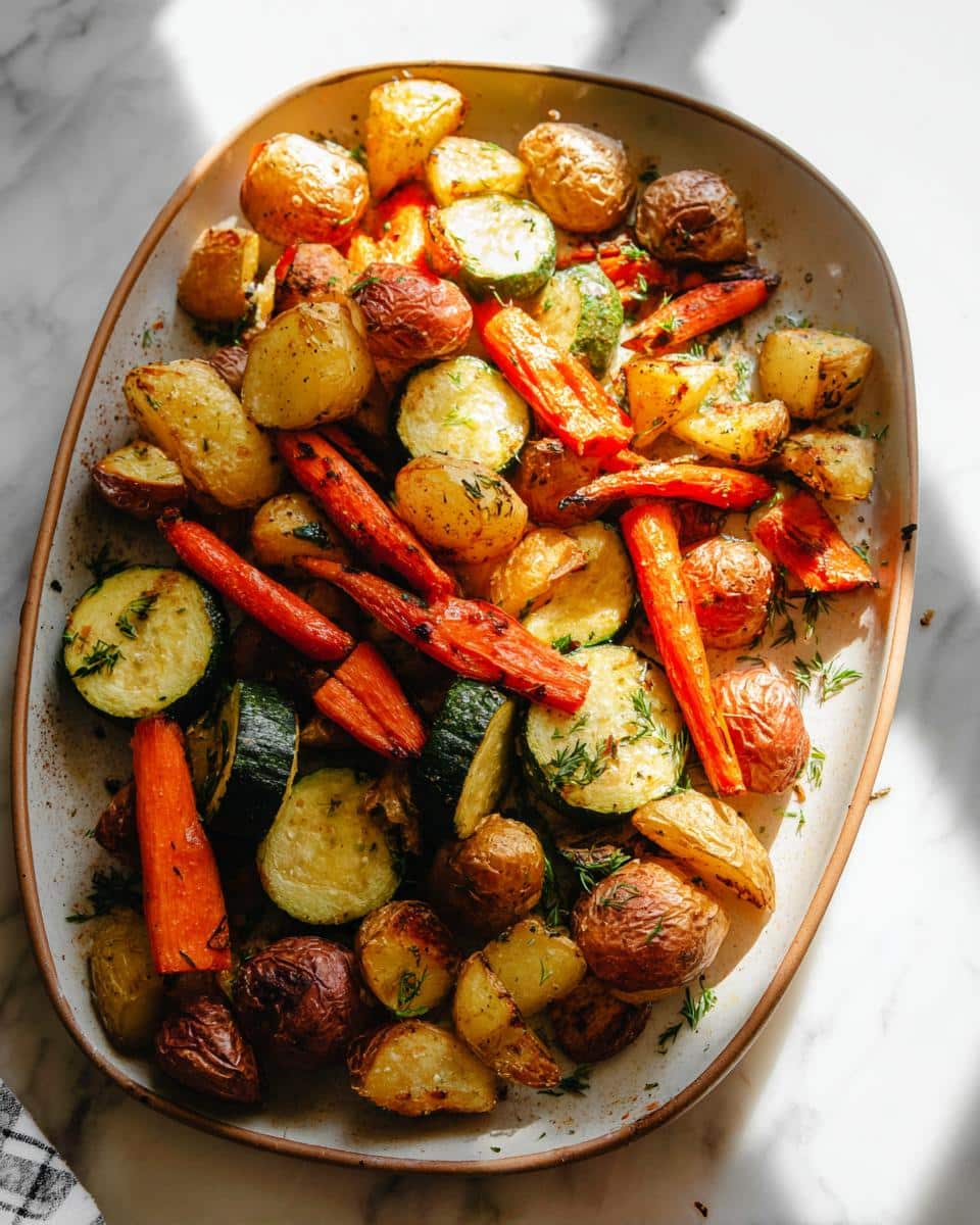 A platter of perfectly roasted potatoes, carrots, and zucchini, seasoned with herbs.